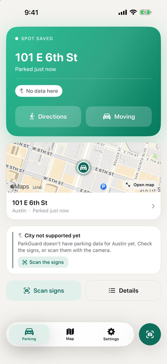 Home screen in Austin, Texas showing the saved spot on East 6th Street and a card explaining the city's parking data isn't loaded yet, with a button to scan the signs.