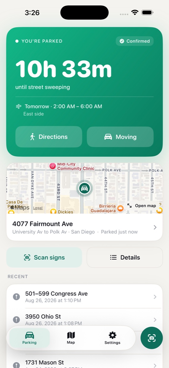 Home screen showing a green "You're parked" card counting down 10 hours 33 minutes to street sweeping on Fairmount Avenue, San Diego, with the window and side of the street beneath it.