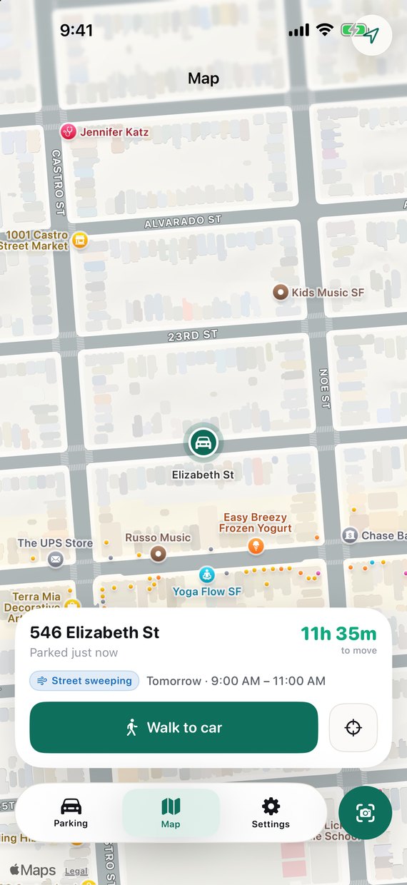 Map tab showing the parked car pin on Elizabeth Street with a card reading "Walk to car" and 11 hours 35 minutes left to move.