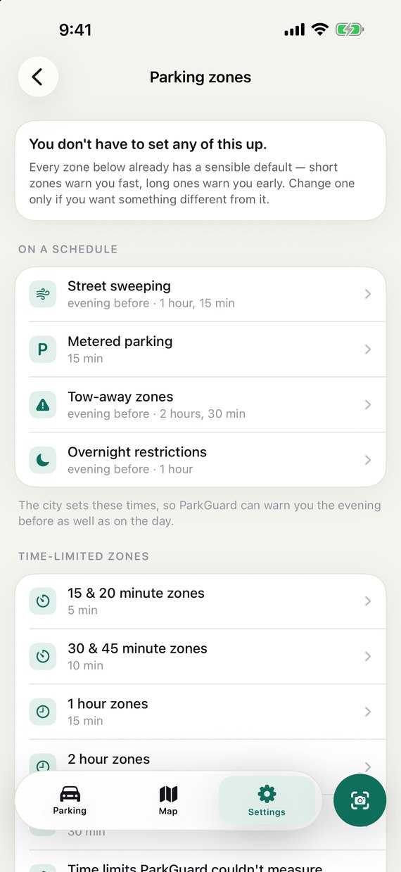 Parking zones settings listing street sweeping, metered parking, tow-away, overnight and time-limited zones, each with its own reminder lead time.